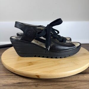Fly London Ylva Wedge Sandals Women's 39 US 8/8.5 Black Good Leather Lace Up